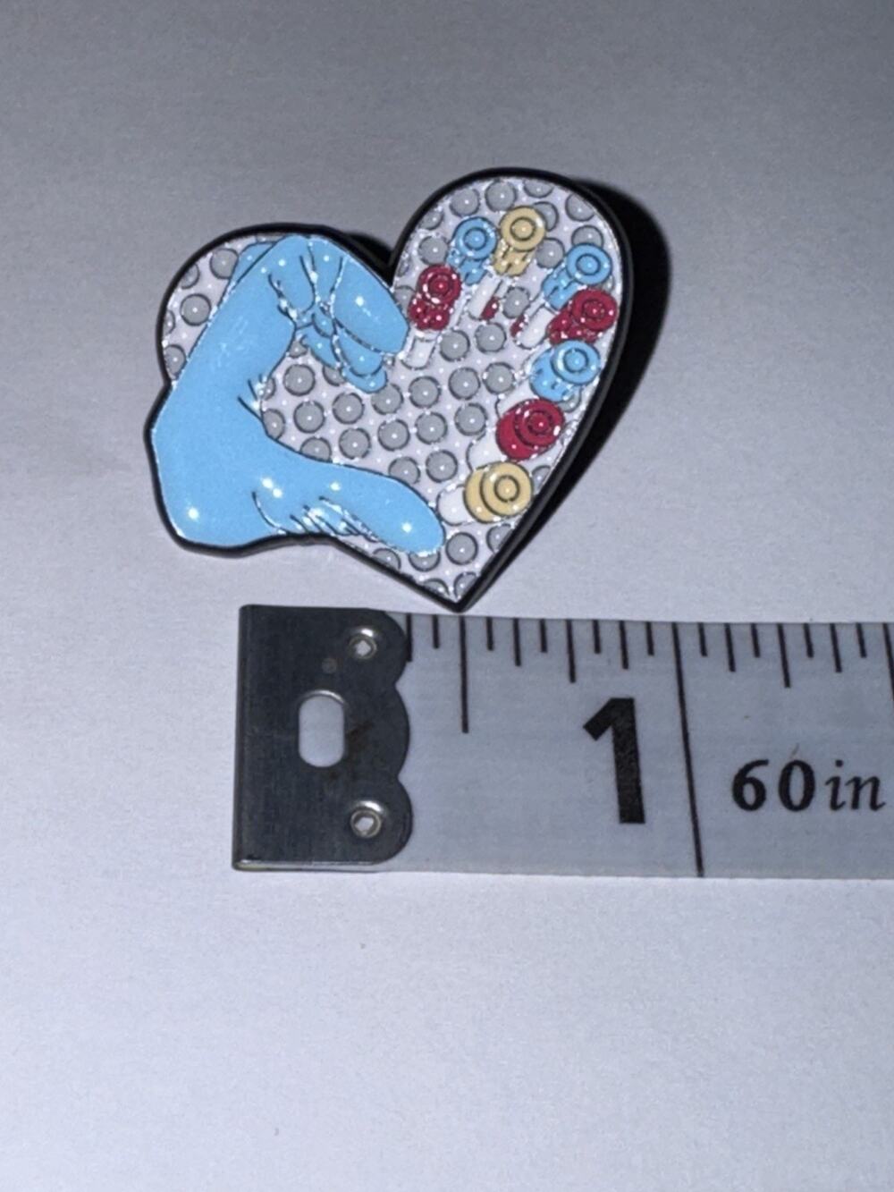 White Heart Blue Hand With Flowers Pin Brooch